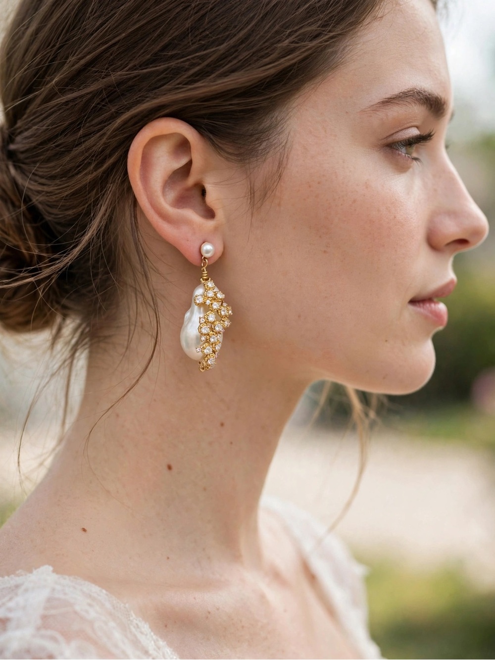 NWT Baroque Faux Pearl Dangle Earrings Gold Crystal Overlay S925 E116